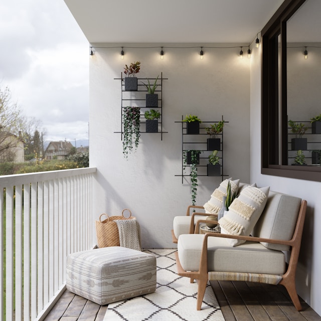 Ein ästhetischer Balkon mit Sofa, Kräutern und Lichterkette